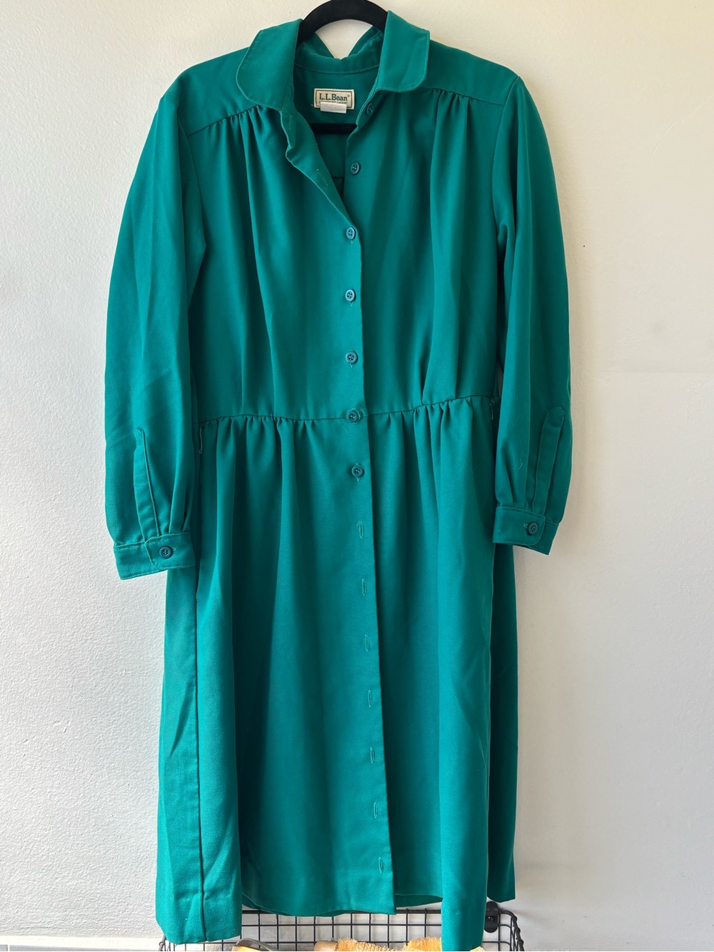 L.L. Bean Teal Button-Front Long Sleeve Dress